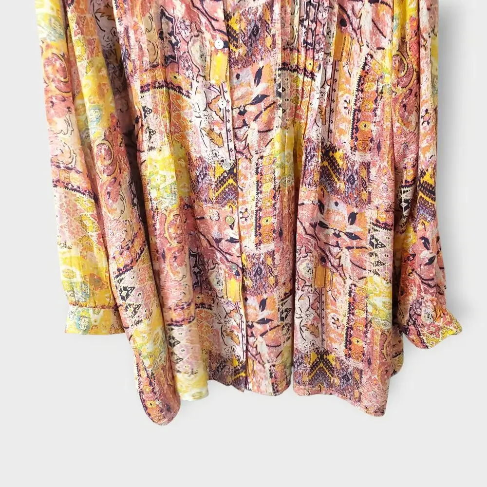 Jane + Delancey‎ 3X Pink Abstract Pleated Button Up Shirt Artsy Lagen Colorful